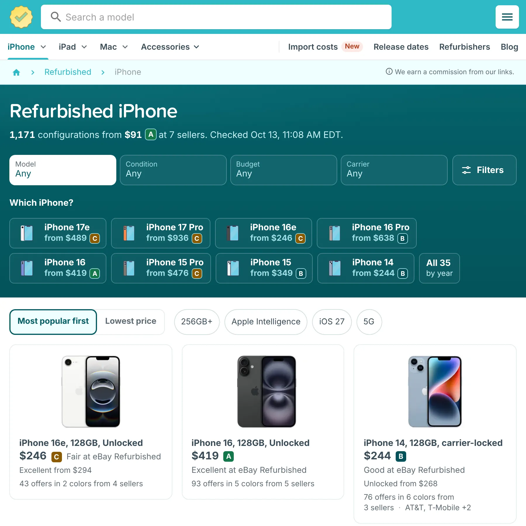 RefurbMe refurbished iPhone page with Model, Condition, Budget and Carrier filters, model shortcuts and iPhone configurations from several sellers