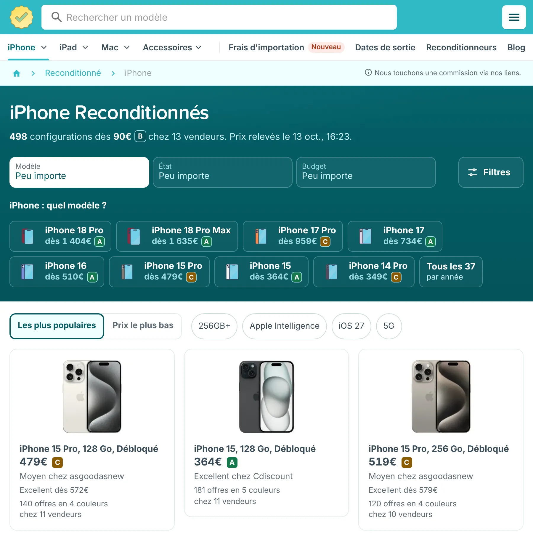 Page RefurbMe des iPhone reconditionnés avec les filtres Modèle, État et Budget, des raccourcis par modèle et des offres de plusieurs vendeurs