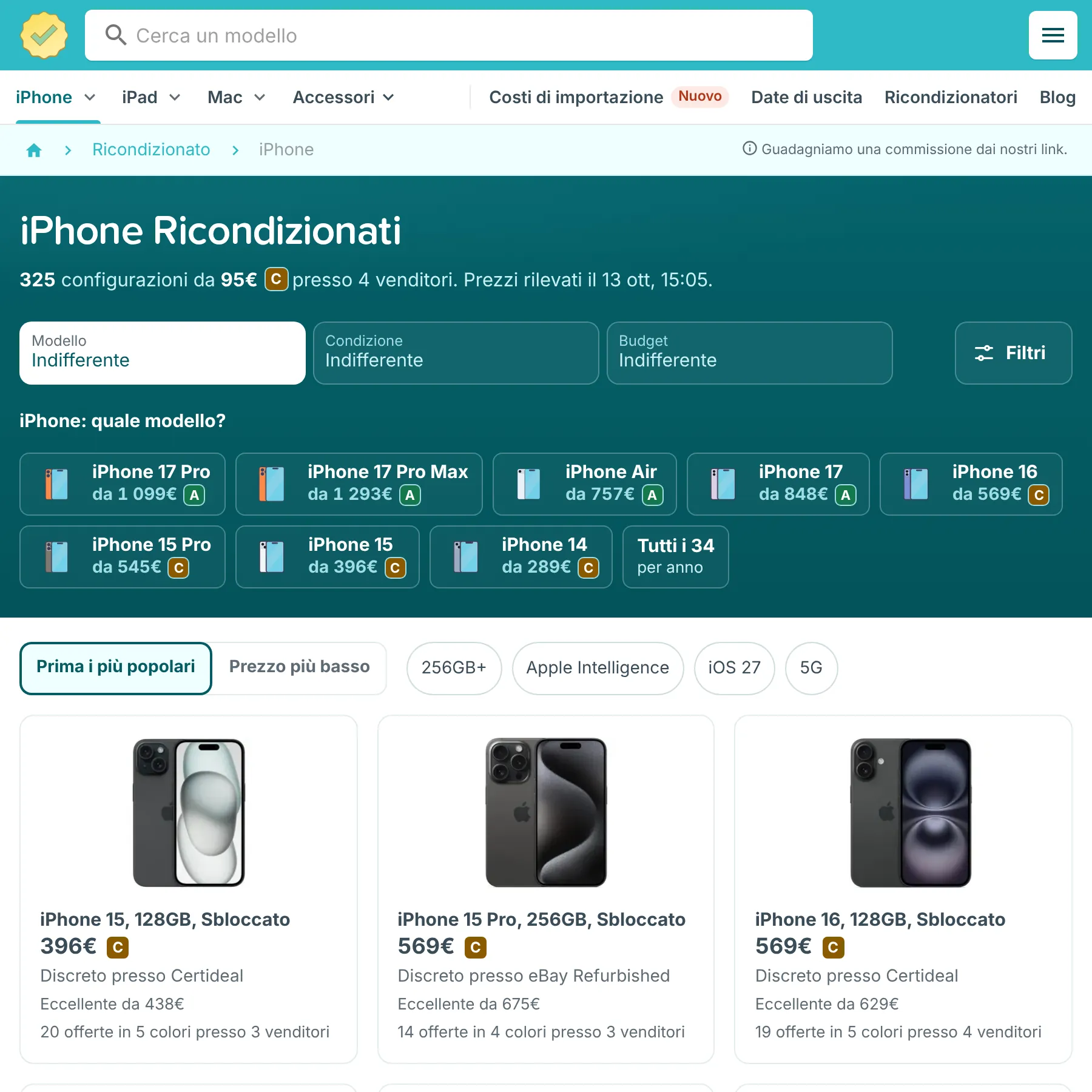 Pagina RefurbMe degli iPhone ricondizionati con i filtri Modello, Condizione e Budget, scorciatoie per modello e offerte di vari venditori