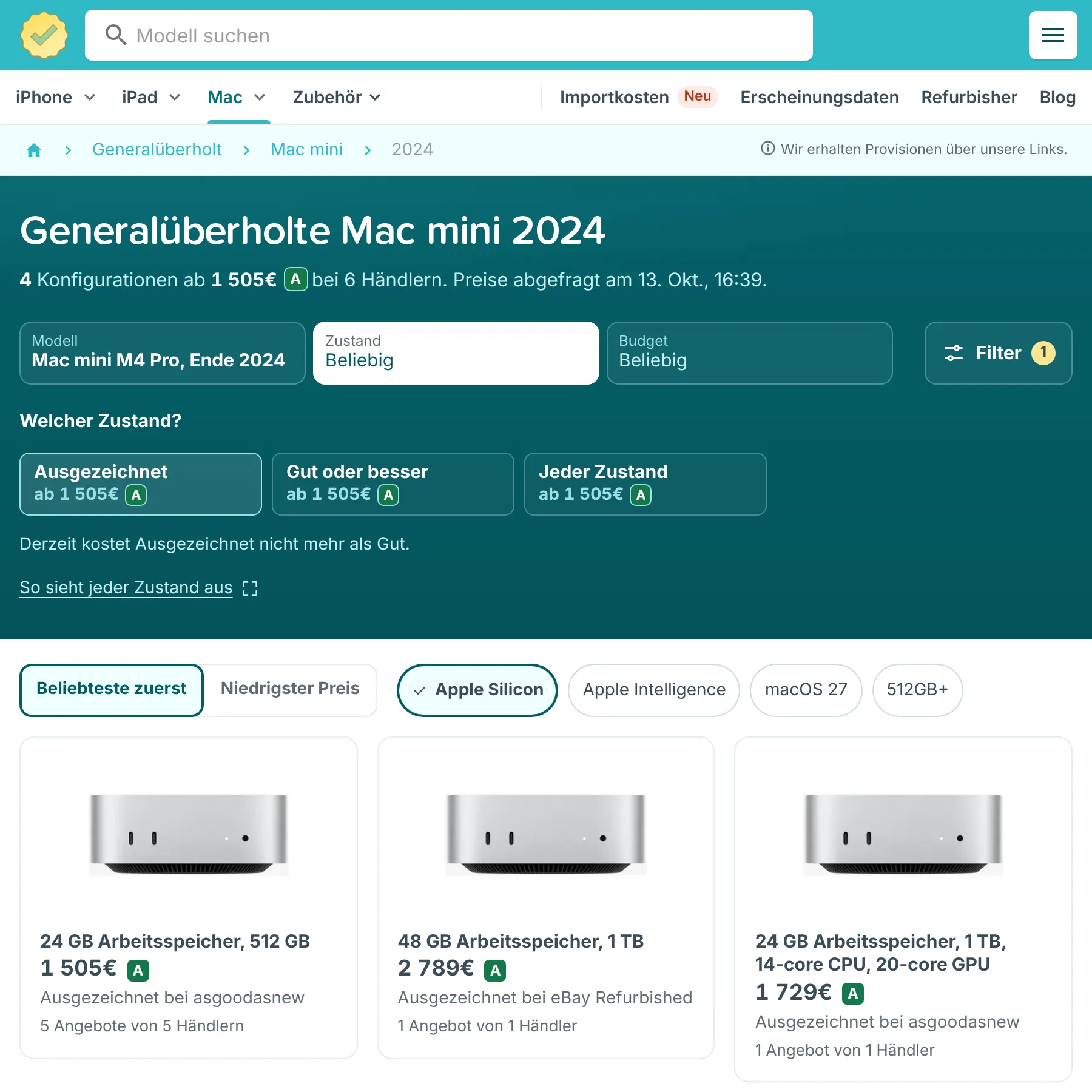 RefurbMe-Seite für den generalüberholten Mac mini M4 Pro mit Filtern für Modell, Zustand und Budget und Angeboten mehrerer Anbieter