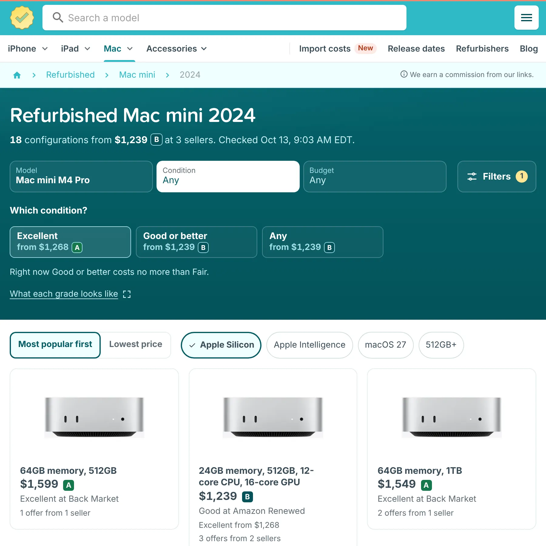 RefurbMe page for the refurbished Mac mini M4 Pro with Model, Condition and Budget filters and configurations from Amazon Renewed, Back Market and eBay Refurbished