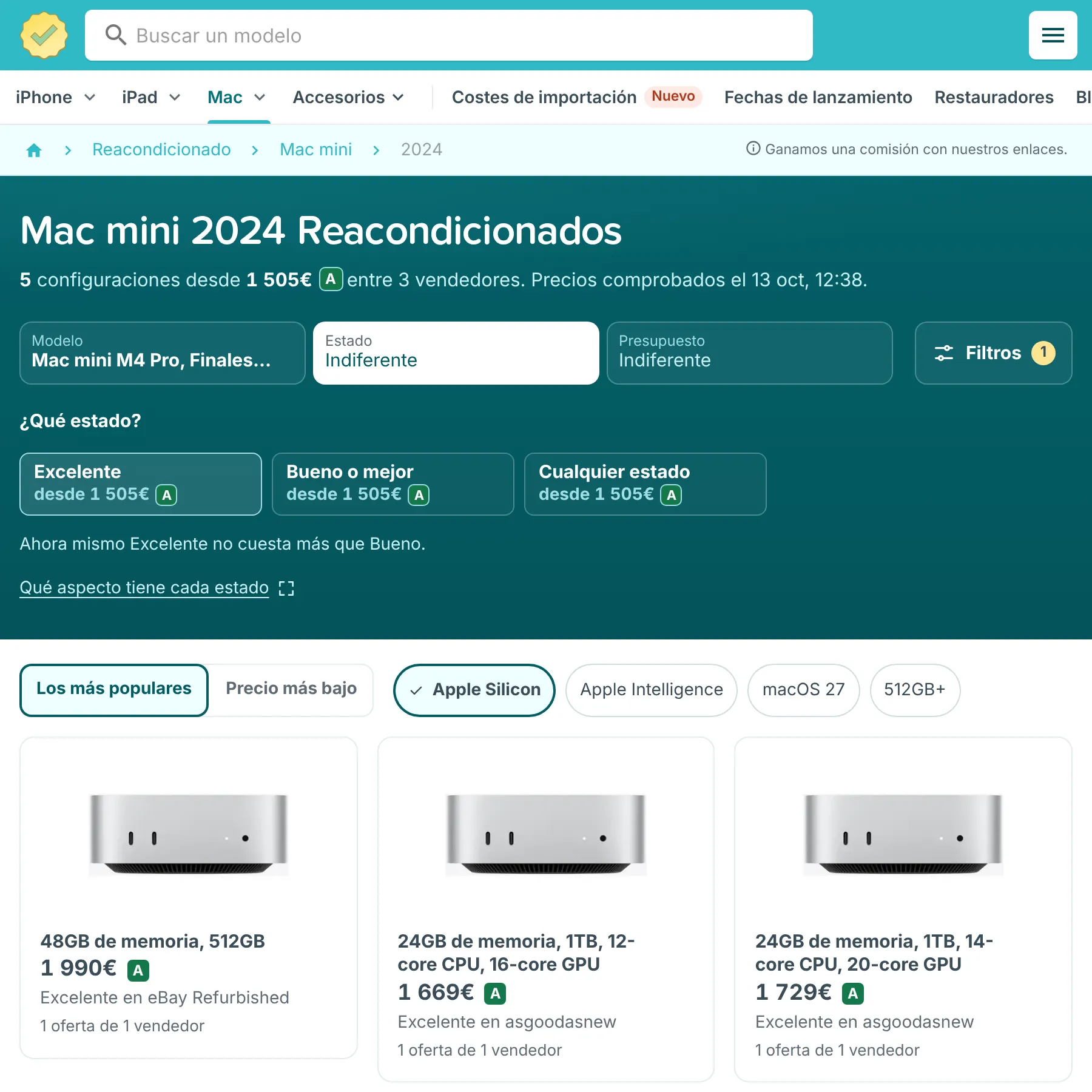 Página de RefurbMe del Mac mini M4 Pro reacondicionado con filtros de modelo, estado y presupuesto y ofertas de varios vendedores