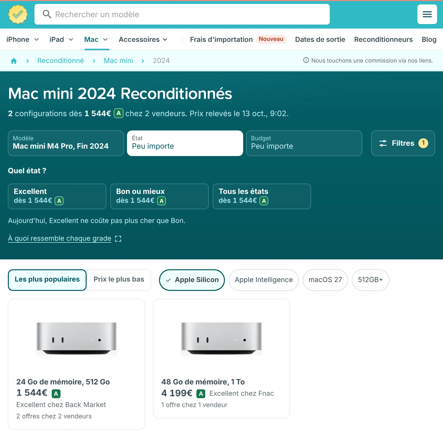 Page RefurbMe du Mac mini M4 Pro reconditionné avec les filtres Modèle, État et Budget et des offres de plusieurs vendeurs