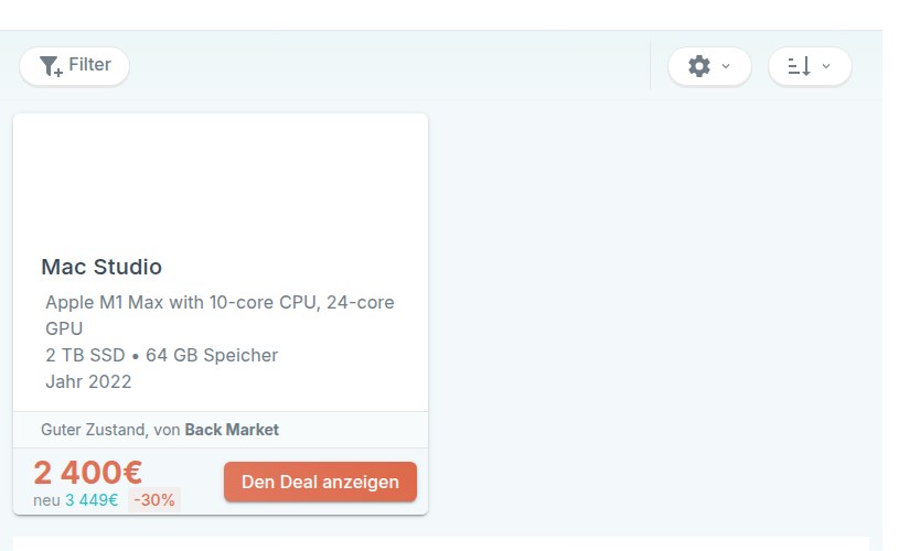 RefurbMe Vergleichsseite mit generalüberholten Mac-Studio-Angeboten und Preisen