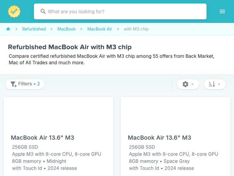 RefurbMe comparison page showing refurbished MacBook Air prices from several sellers