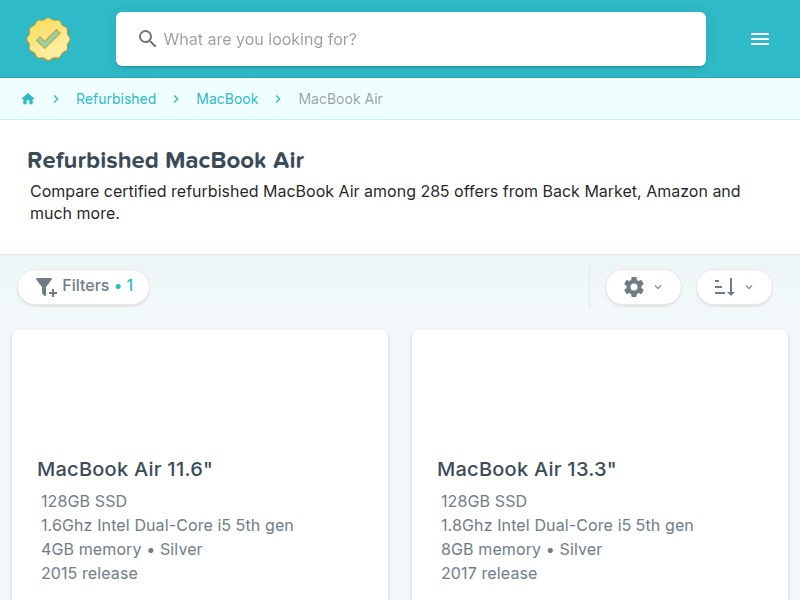 RefurbMe comparison page showing refurbished MacBook Air prices across sellers