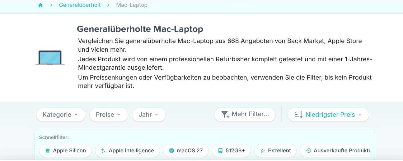 RefurbMe Vergleichsseite für generalüberholte Mac-Laptops im deutschen Markt mit Filtern und Anbieterhinweis