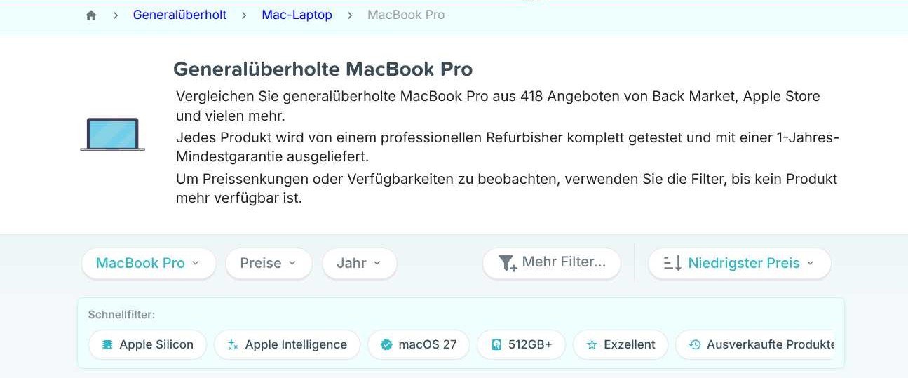 Vergleichsseite von RefurbMe für generalüberholte MacBook Pro in Deutschland mit Filterleiste und Anbieterhinweis