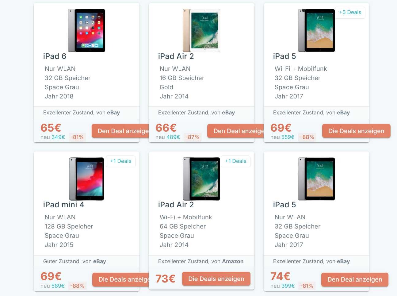 RefurbMe Vergleichsseite mit generalüberholten iPad-Angeboten, Preisen und Anbietern im deutschen Markt
