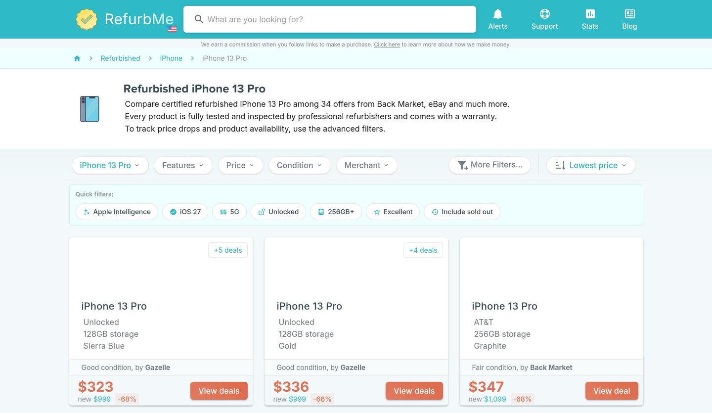 RefurbMe comparison page showing refurbished iPhone 13 Pro prices, condition grades, and sellers side by side