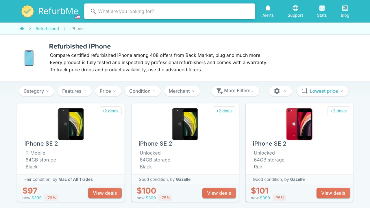 RefurbMe comparison page showing refurbished iPhone prices from multiple sellers