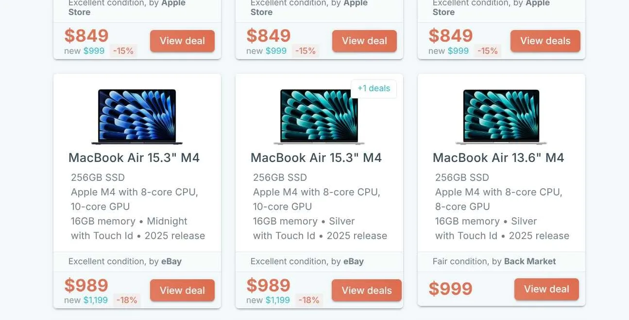 RefurbMe comparison page showing refurbished MacBook Air M4 listings from Apple Store, eBay Refurbished and Back Market side by side