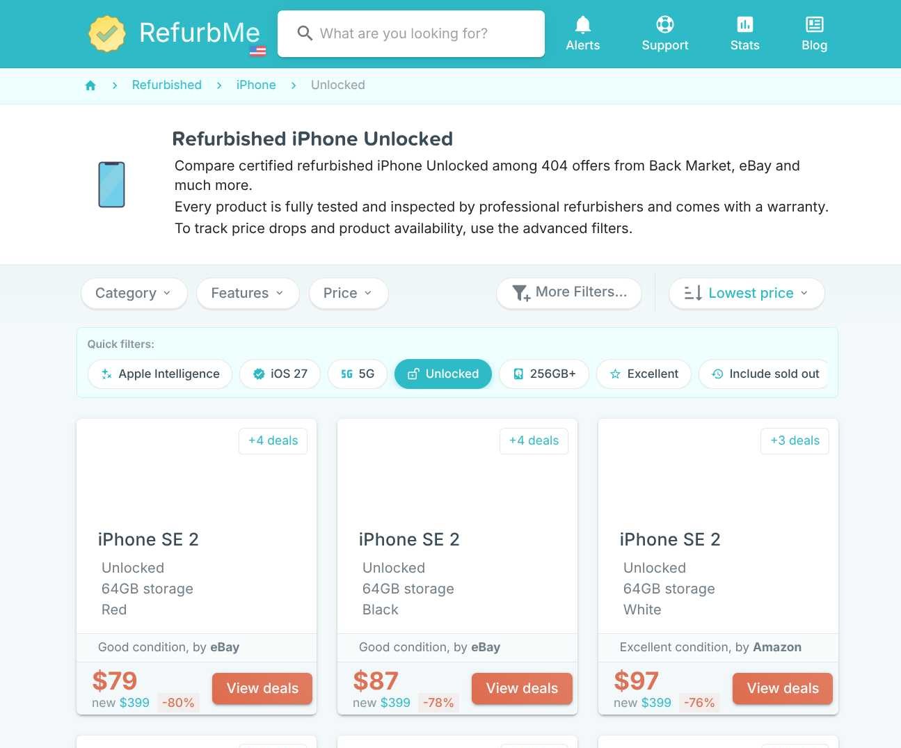 RefurbMe comparison page listing refurbished unlocked iPhone offers with prices from Back Market, eBay Refurbished and Amazon Renewed