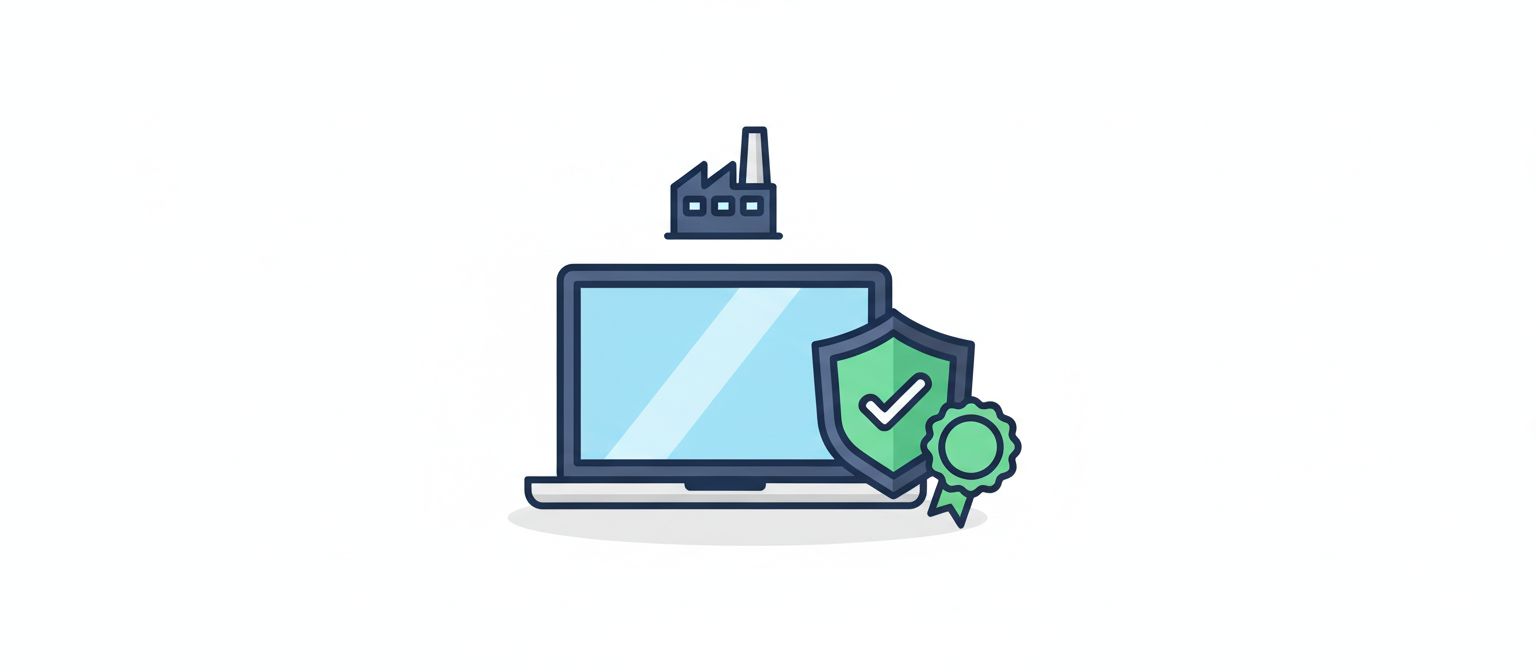 Illustration of a laptop professionally reconditioned by a manufacturer, with a warranty shield and certified seal