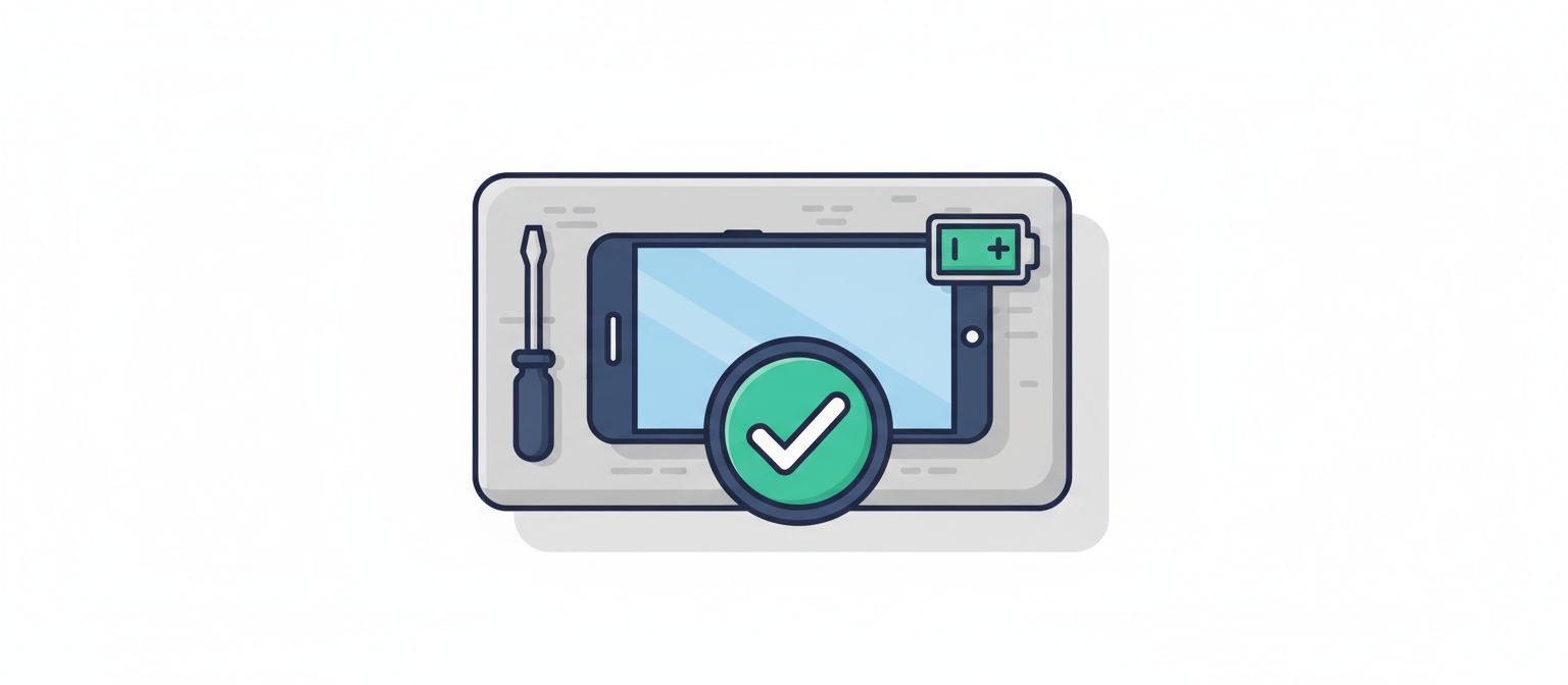 Illustration of a returned phone on a repair mat with a screwdriver and replacement battery, marked tested and working