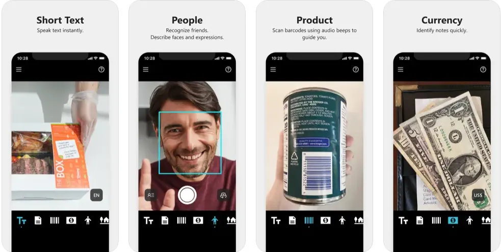 Capturas de pantalla de la app Seeing AI para iPhone