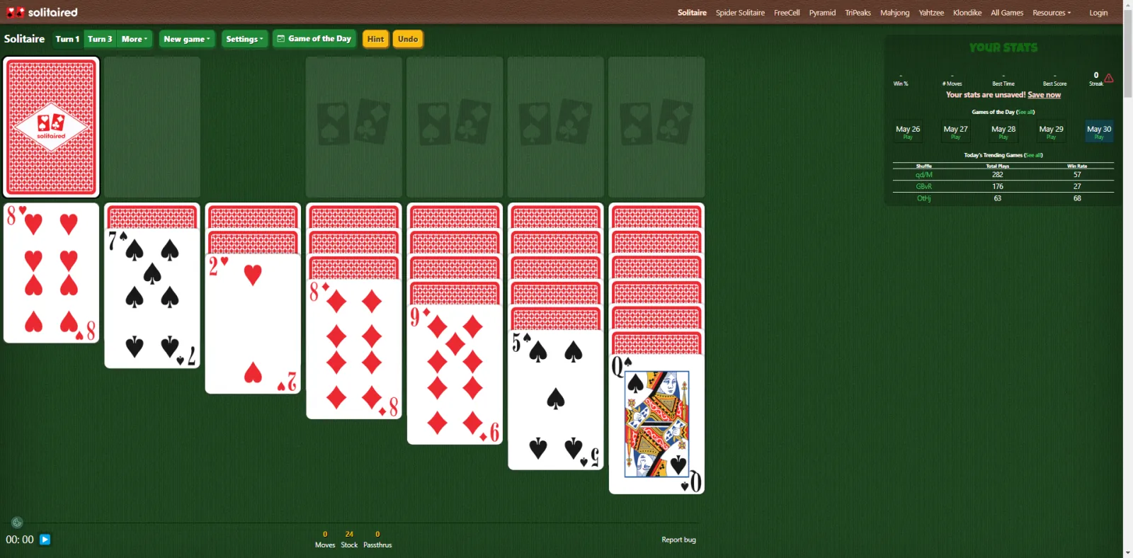 Schermate del sito di giochi di solitario Solitaired