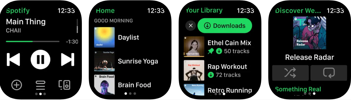 Capturas de pantalla de la aplicación Spotify para Apple Watch