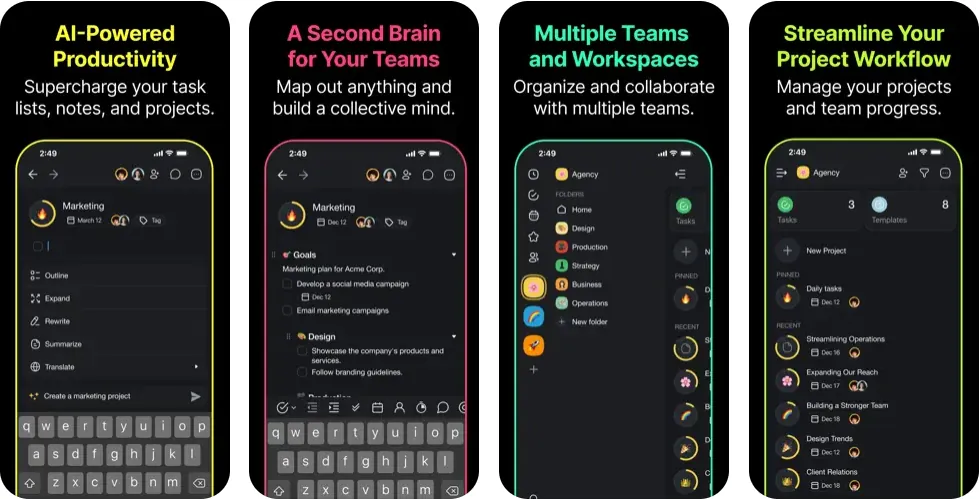 Capturas de pantalla de la app Taskade para iPhone