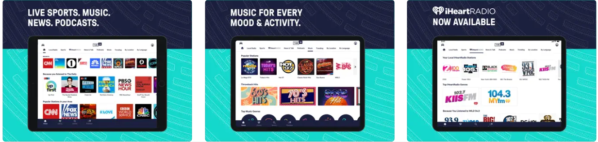 Capturas de pantalla de la app TuneIn Radio para iPad