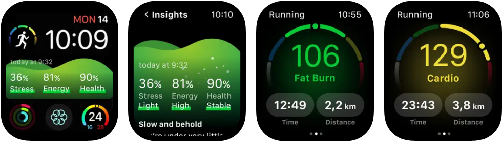 Capturas de pantalla de la aplicación Welltory para Apple Watch