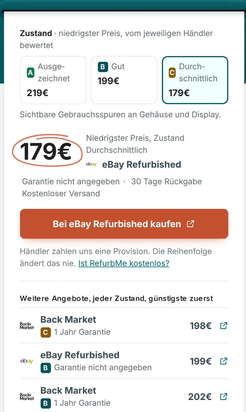 Angebotsfeld eines generalüberholten iPad auf RefurbMe: Auswahl des Zustands Ausgezeichnet, Gut und Durchschnittlich, niedrigster Preis je Zustand und weitere Angebote, jeder Zustand, günstigste zuerst