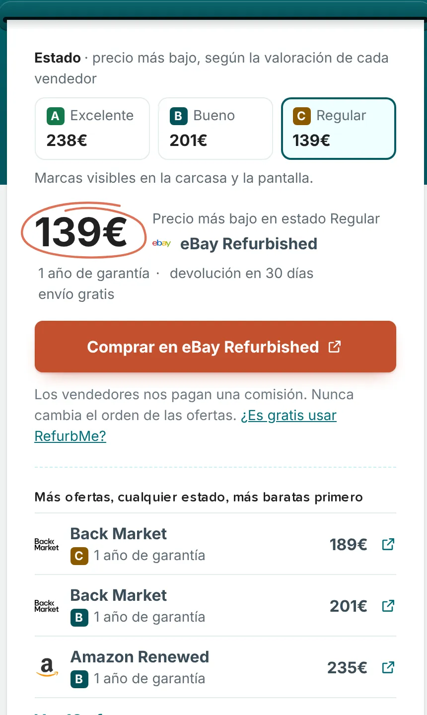 Ficha de un iPad reacondicionado en RefurbMe: selector de estado con Excelente, Bueno y Regular, precio más bajo según el estado y más ofertas de cualquier estado, más baratas primero