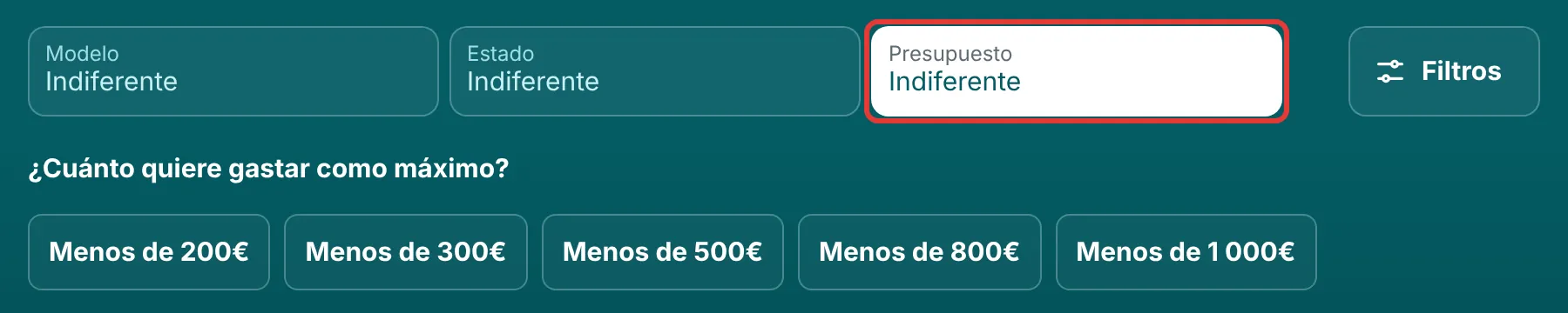 Selector de presupuesto máximo de RefurbMe en la página de iPad reacondicionados, junto a los filtros de modelo y estado, con límites de gasto ya definidos