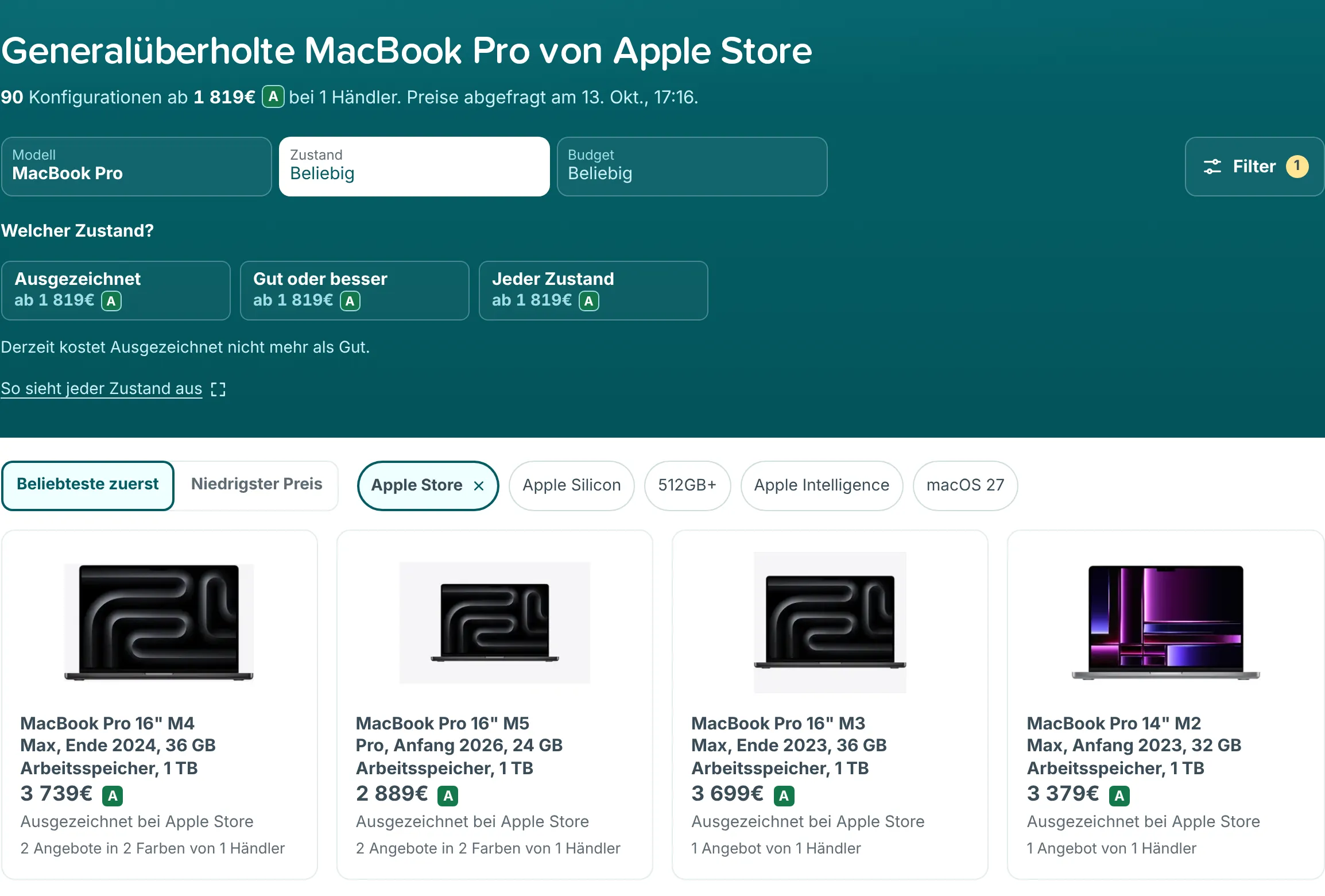 MacBook-Pro-Ergebnisse nach Apple Store gefiltert, mit aktivem Chip Apple Store neben den Sortieroptionen