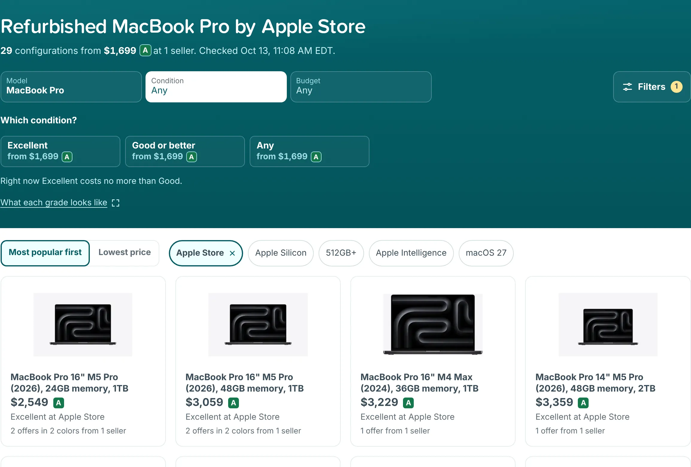 MacBook Pro results filtered to the Apple Store, with the Apple Store chip active next to the sort options