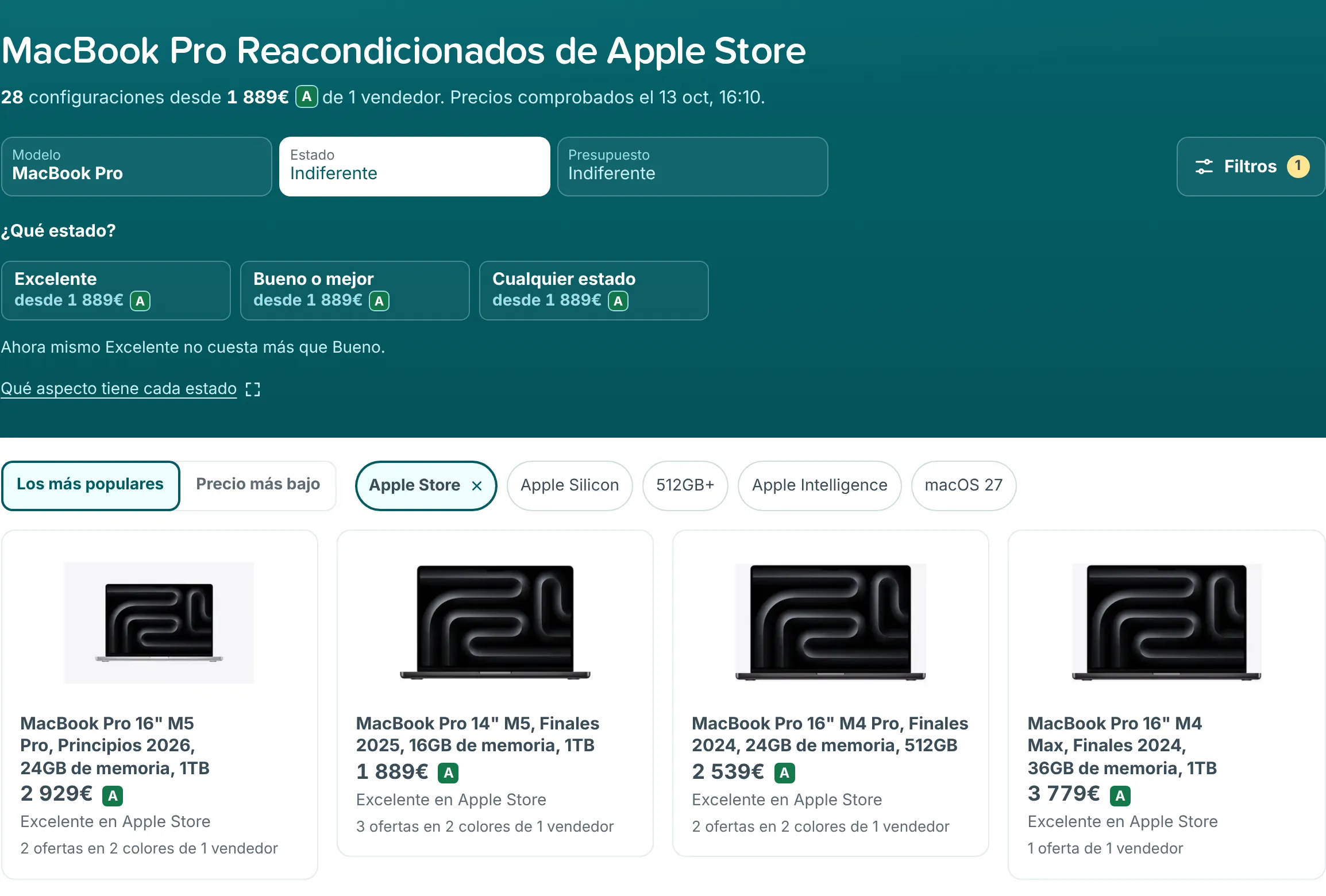 Resultados de MacBook Pro filtrados por Apple Store, con el filtro Apple Store activo junto a las opciones de orden