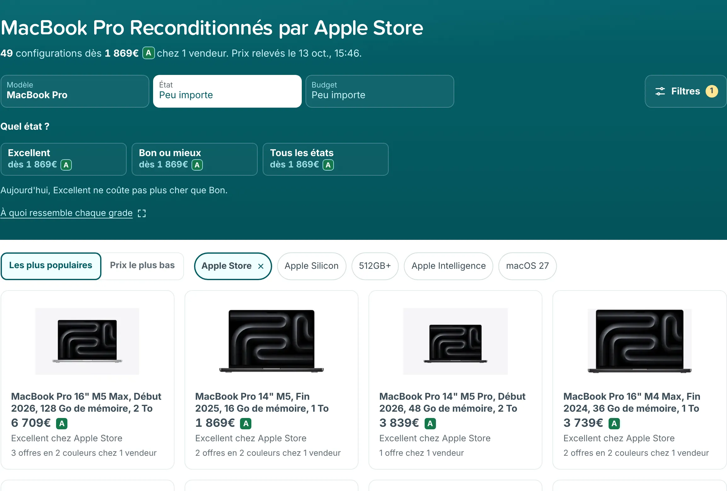 Résultats MacBook Pro filtrés sur Apple Store, avec la pastille Apple Store active à côté des options de tri