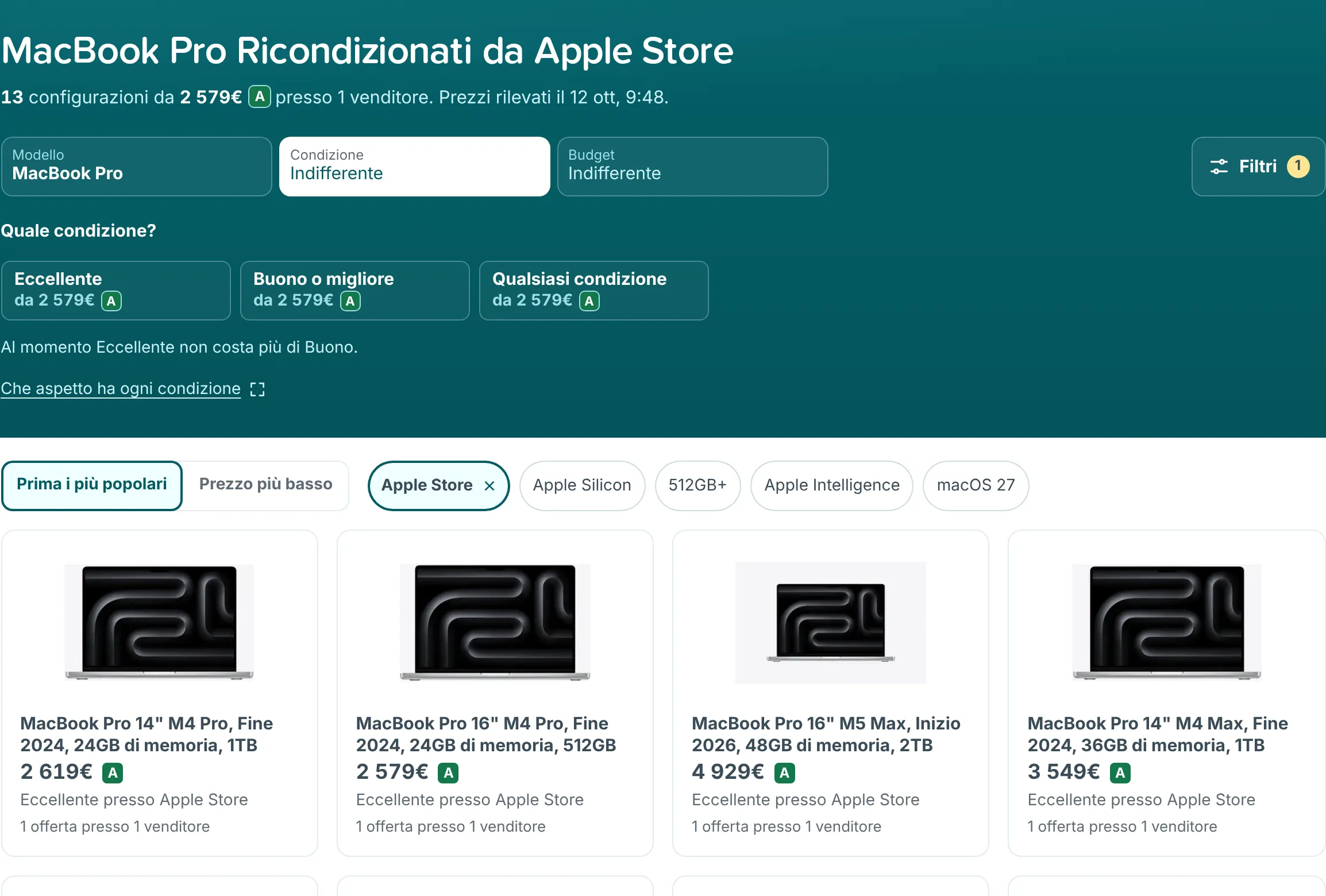 Risultati MacBook Pro filtrati per Apple Store, con il filtro Apple Store attivo accanto all'ordinamento
