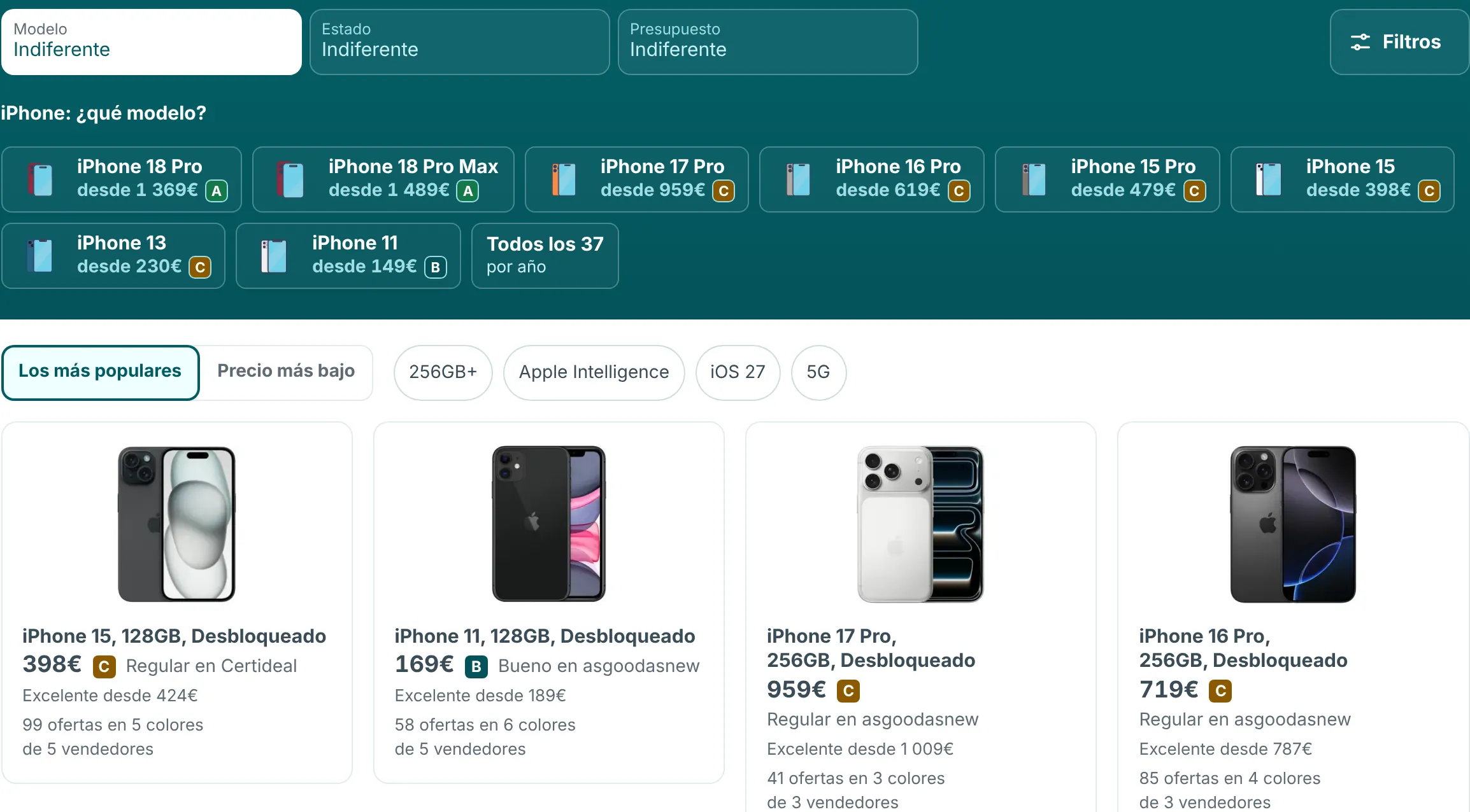 Página de iPhone de RefurbMe con la fila Afine su búsqueda y ofertas con Desbloqueado en el título