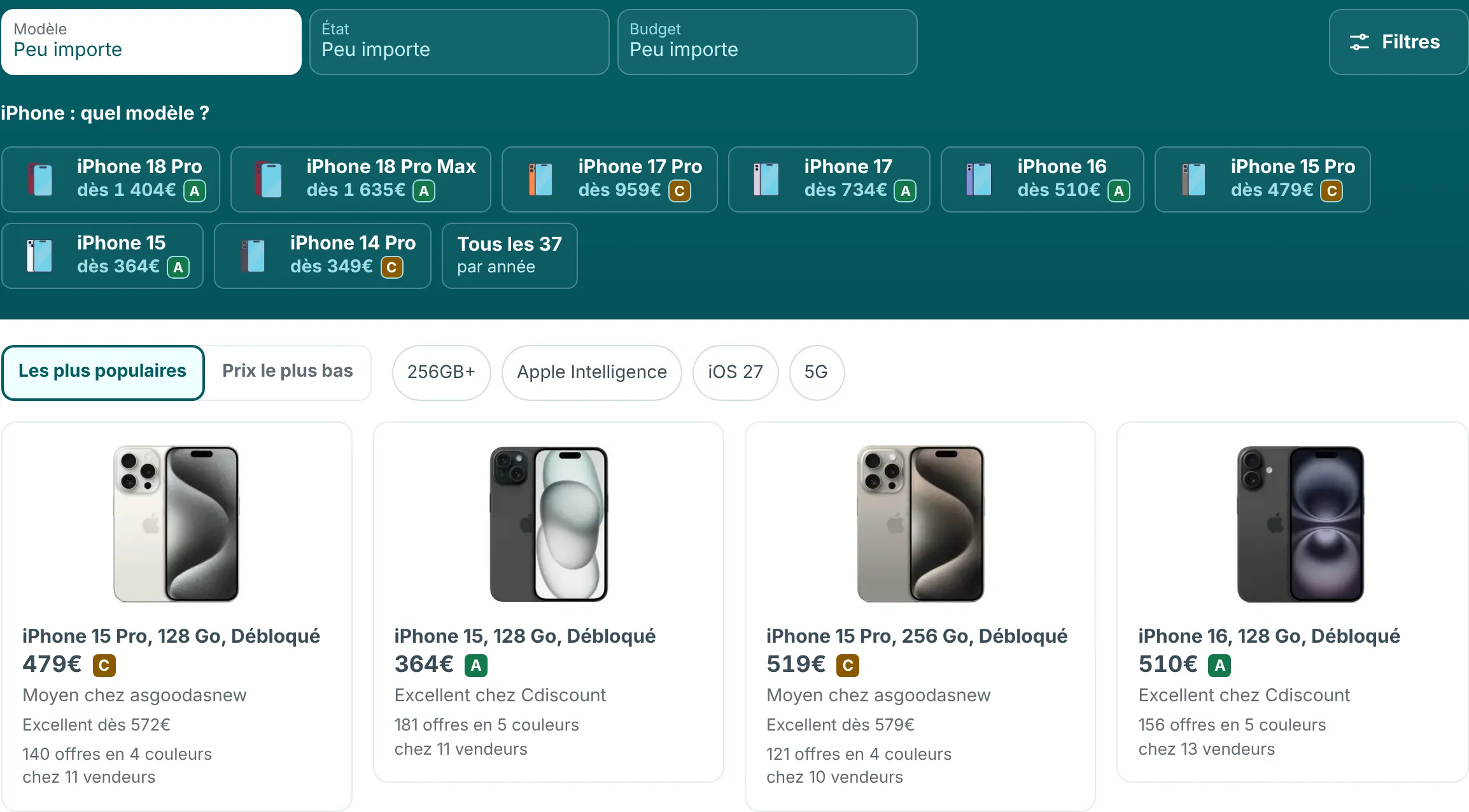 Page iPhone de RefurbMe avec la ligne Affinez votre recherche et des offres dont le titre indique Débloqué