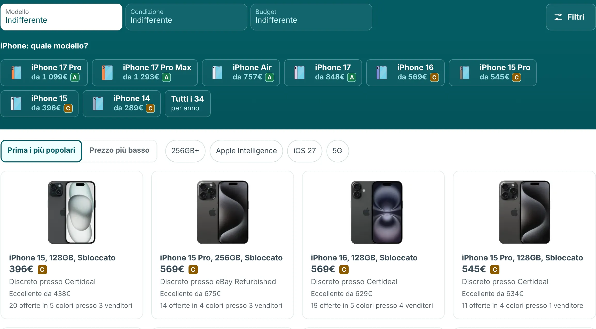Pagina iPhone di RefurbMe con la riga Restringa la ricerca e offerte con Sbloccato nel titolo