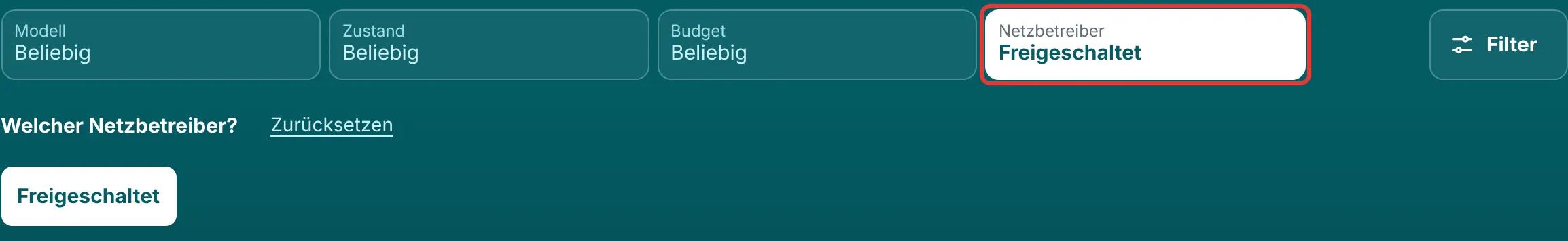 Geöffnete Schaltfläche Netzbetreiber auf der Seite für entsperrte iPhones mit der Auswahl Freigeschaltet unter Welcher Netzbetreiber?