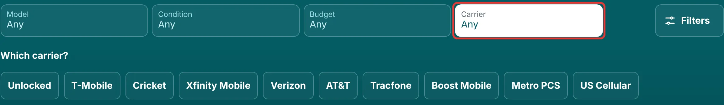 Carrier chip open on the RefurbMe iPhone page, with Unlocked, T-Mobile, Verizon, AT&T and other carriers under Which carrier?