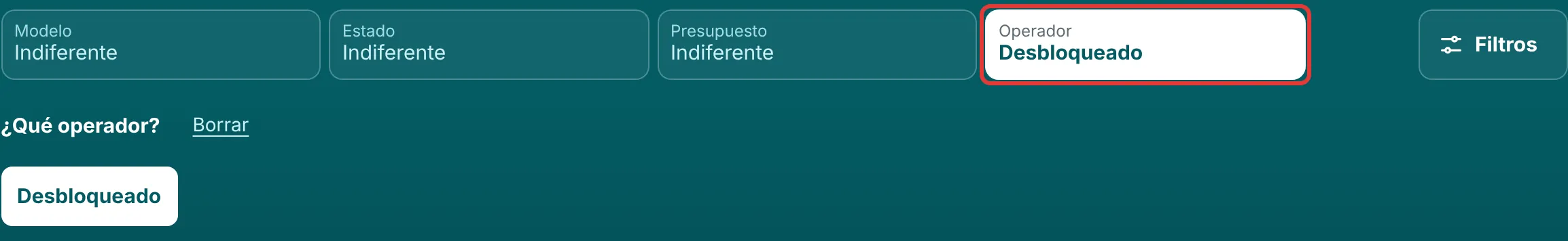 Botón Operador abierto en la página de iPhone libres, con la opción Desbloqueado bajo ¿Qué operador?