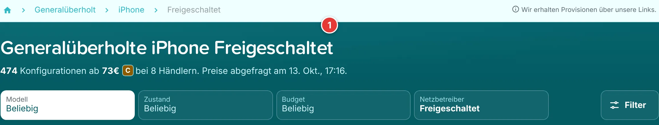 Seite für entsperrte iPhones auf RefurbMe mit der Schaltfläche Netzbetreiber auf Freigeschaltet in der Zeile Eingrenzen