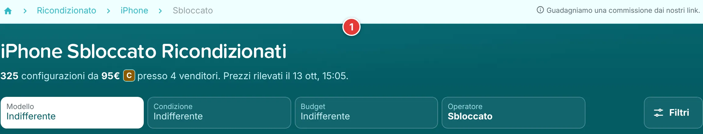 Pagina degli iPhone sbloccati su RefurbMe con il pulsante Operatore su Sbloccato nella riga Restringa la ricerca