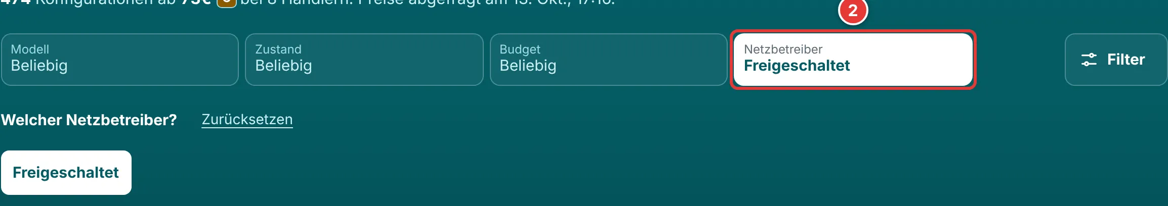 Geöffnete Schaltfläche Netzbetreiber mit der Auswahl Freigeschaltet unter Welcher Netzbetreiber?