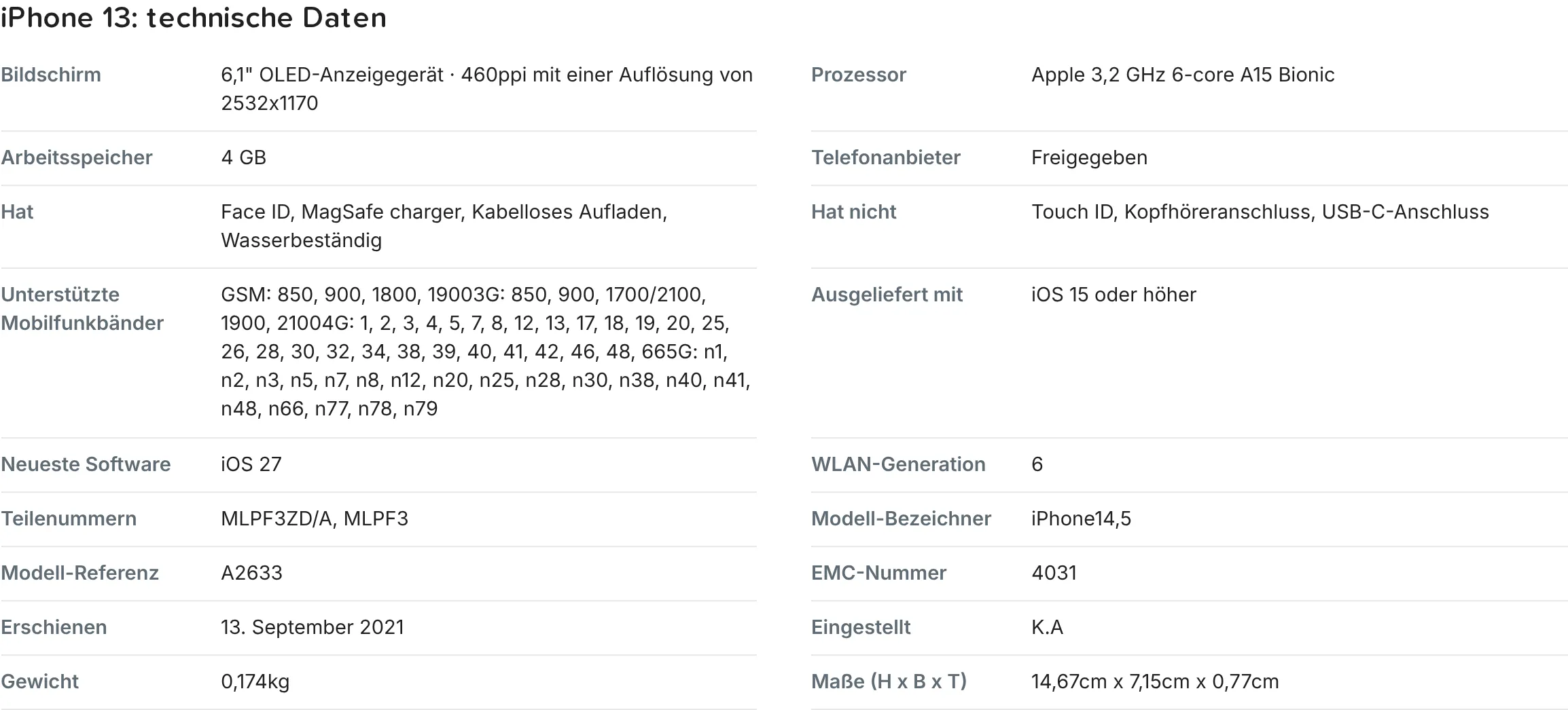 Abschnitt mit den technischen Daten einer iPhone-13-Produktseite, mit Bildschirm, Prozessor, Arbeitsspeicher, Telefonanbieter und Mobilfunkbändern