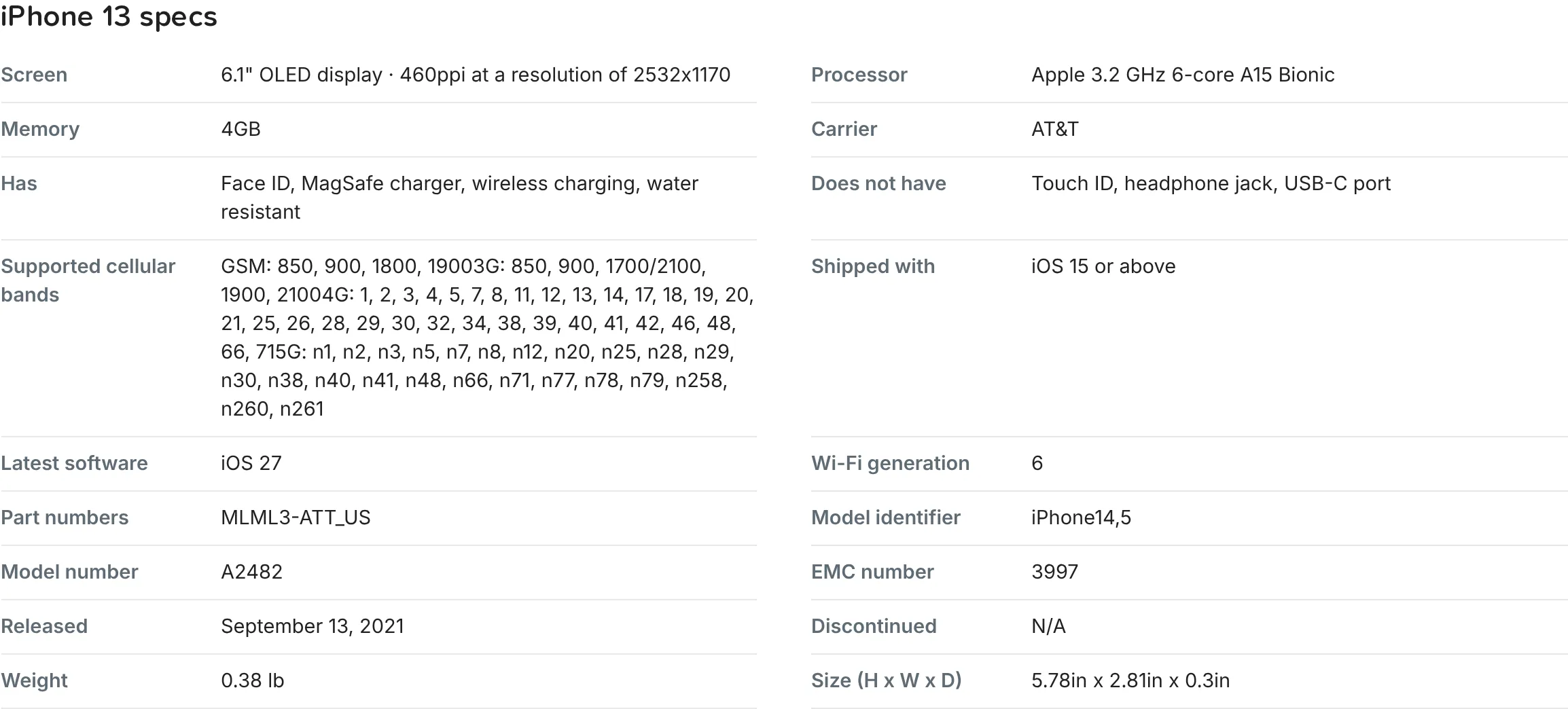 Specs section of an iPhone 13 product page, a table with Screen, Processor, Memory, Carrier, supported cellular bands and more