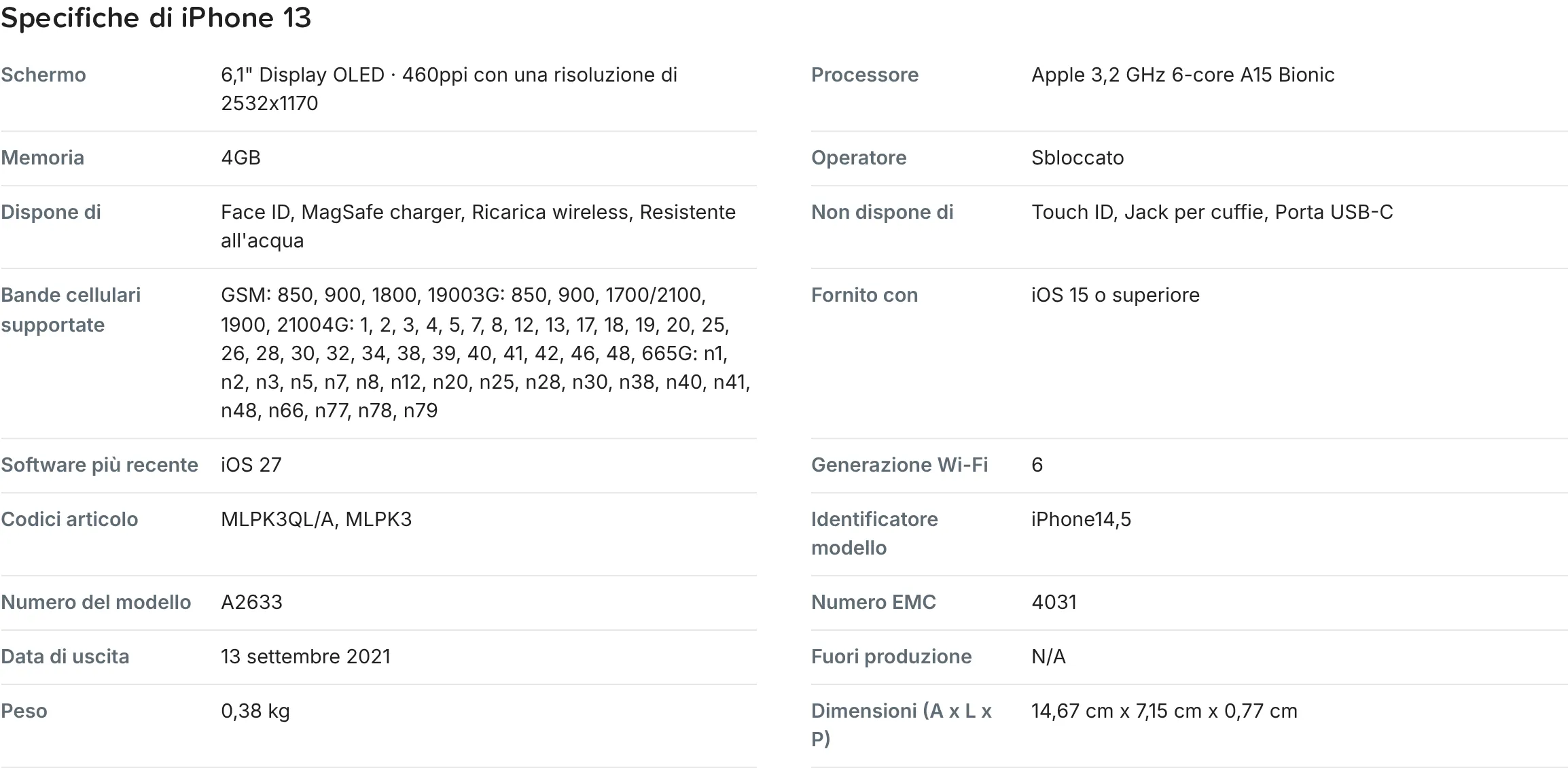 Sezione delle specifiche di una pagina prodotto iPhone 13, con schermo, processore, memoria, operatore e bande cellulari supportate
