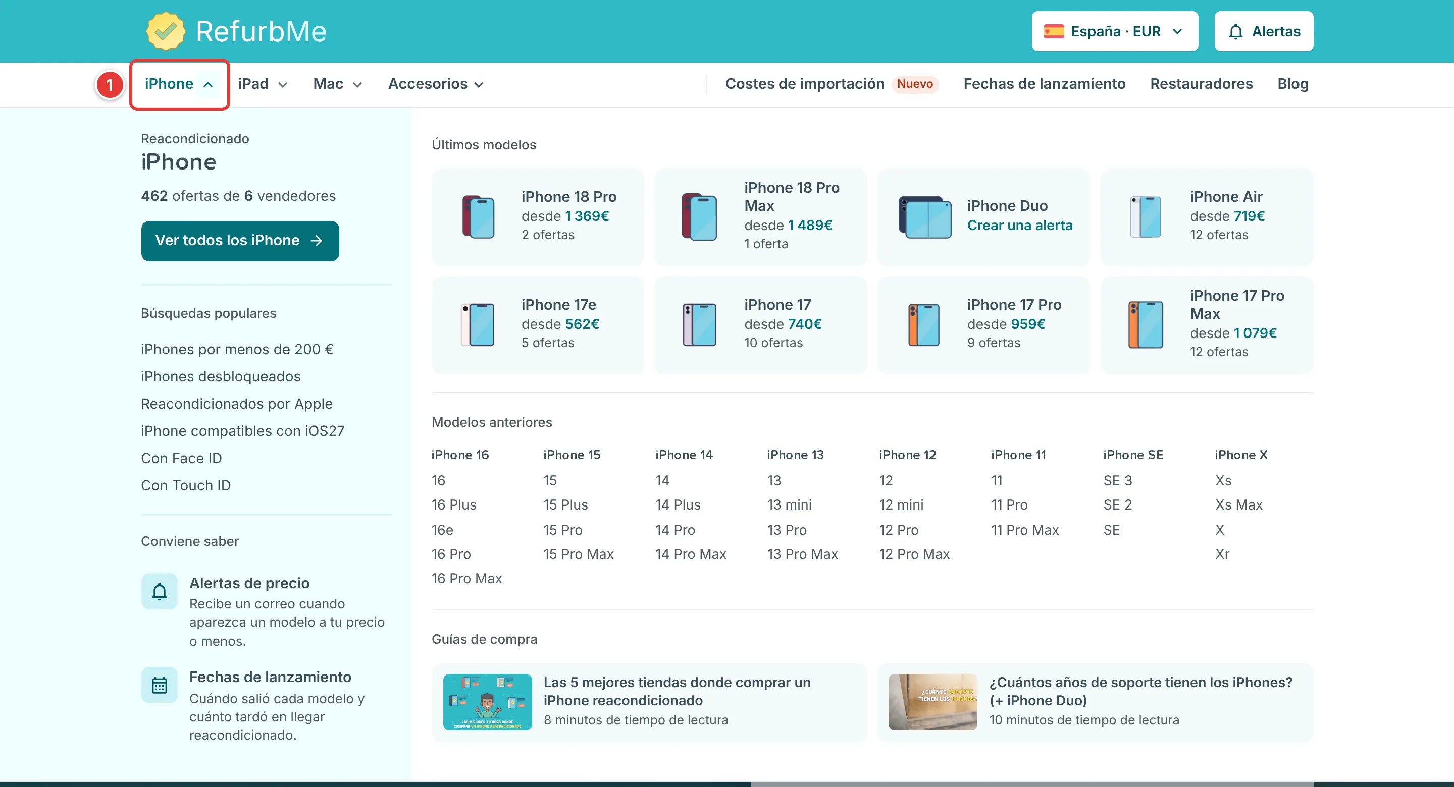 Menú superior de RefurbMe con el menú de modelos de iPhone abierto, que muestra modelos recientes y antiguos, búsquedas populares y guías de compra