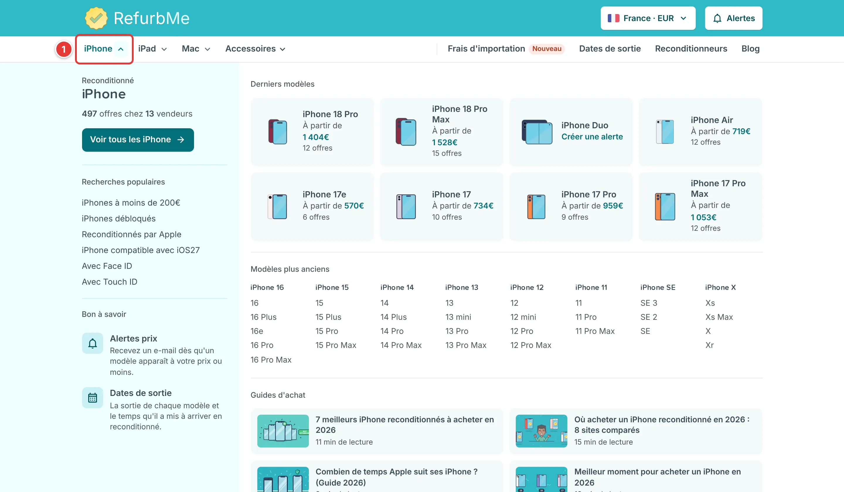 Menu du haut de RefurbMe avec le menu des modèles iPhone ouvert, qui liste les modèles récents et plus anciens, les recherches populaires et des guides d'achat