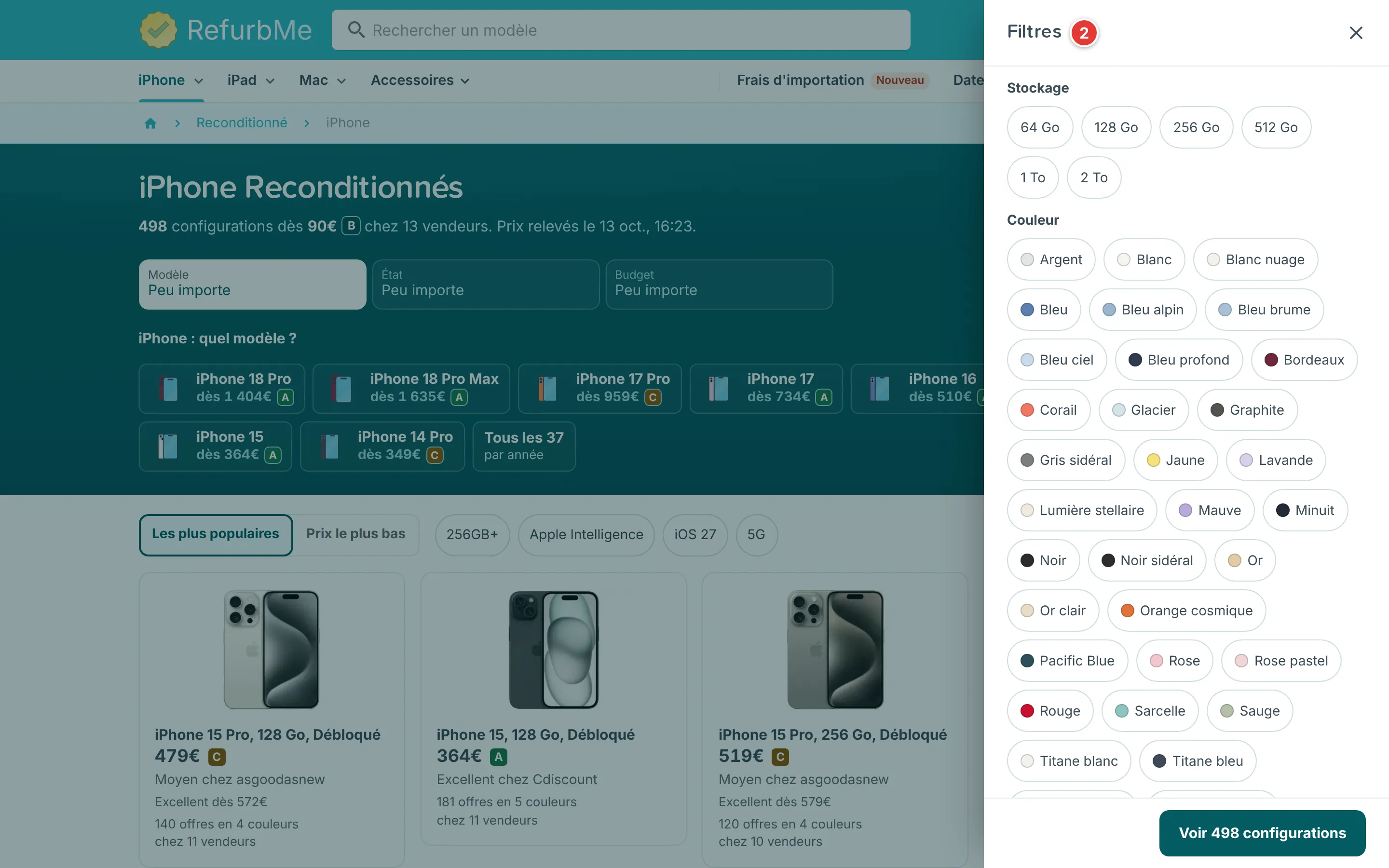 Panneau Filtres ouvert sur la page iPhone de RefurbMe, avec les choix de capacité et de couleur, et les boutons Modèle, État et Budget à l'arrière-plan
