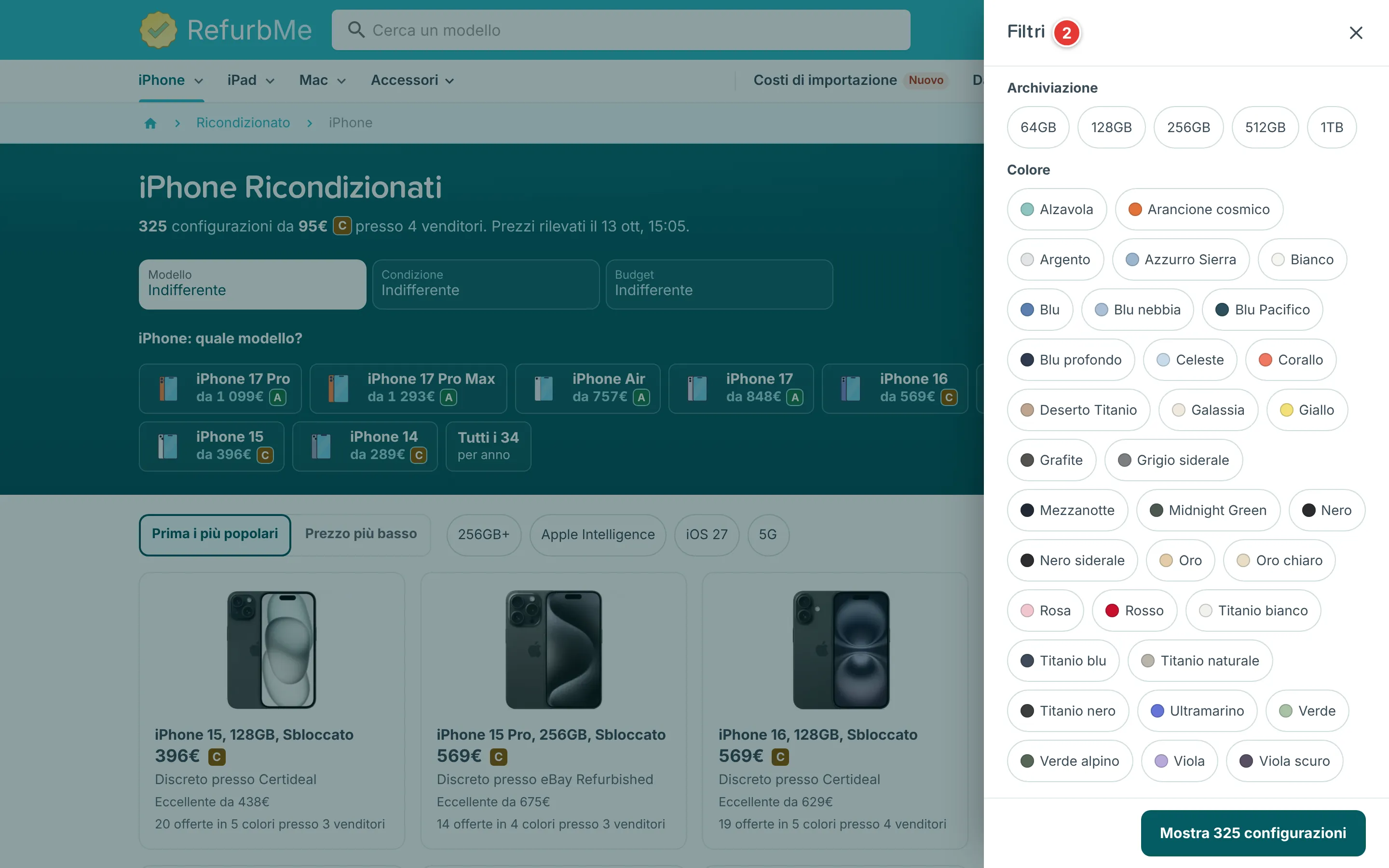 Pannello Filtri aperto nella pagina iPhone di RefurbMe, con le scelte di memoria e colore e, sullo sfondo, i pulsanti Modello, Condizione e Budget