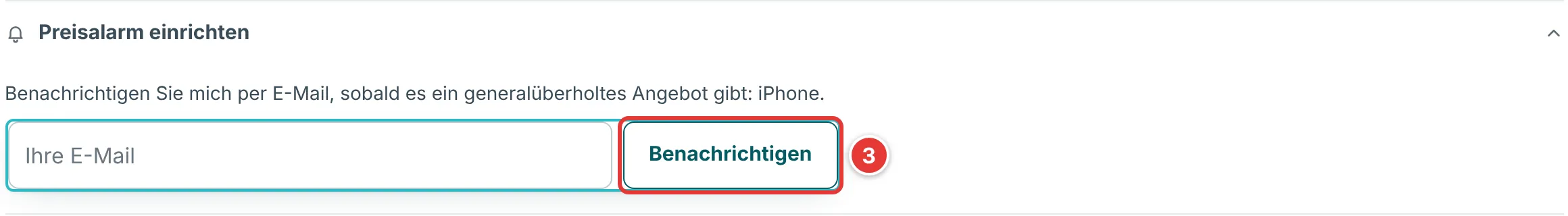 Geöffnetes Feld Preisalarm einrichten unter den iPhone-Karten, mit E-Mail-Feld und der Schaltfläche Benachrichtigen